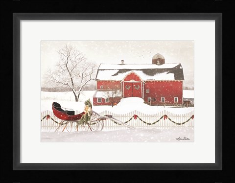 Framed Christmas Barn with Sleigh Print