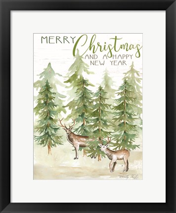 Framed Merry Christmas &amp; Happy New Year Deer Print