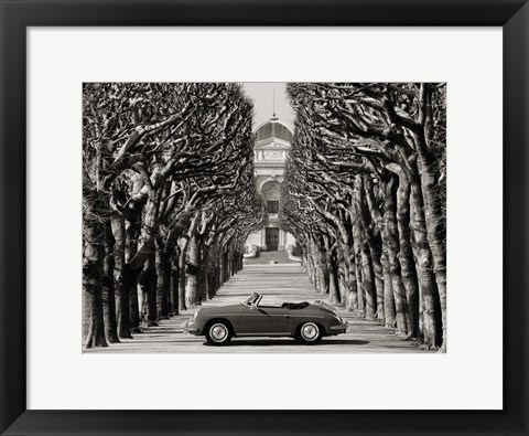 Framed Roadster in Tree Lined Road, Paris (BW) Print