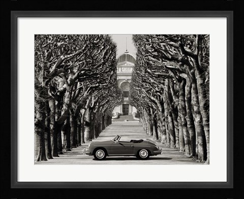 Framed Roadster in Tree Lined Road, Paris (BW) Print