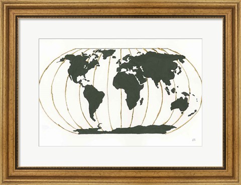 Framed World Map Gold Lines Print