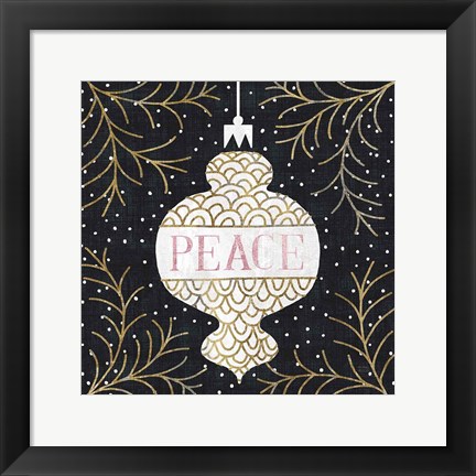 Framed Jolly Holiday Ornaments Peace Metallic Print