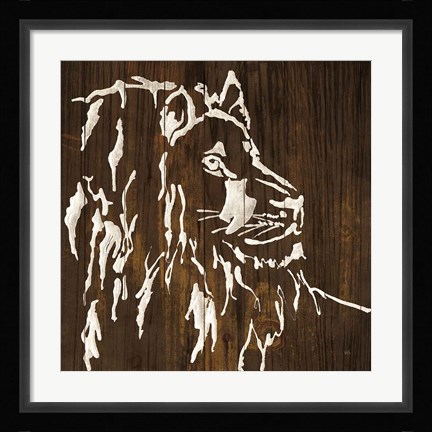 Framed White Lion on Dark Wood Print