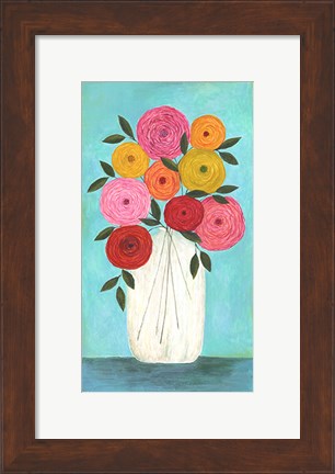 Framed Bright Flowers - Teal Background I Print
