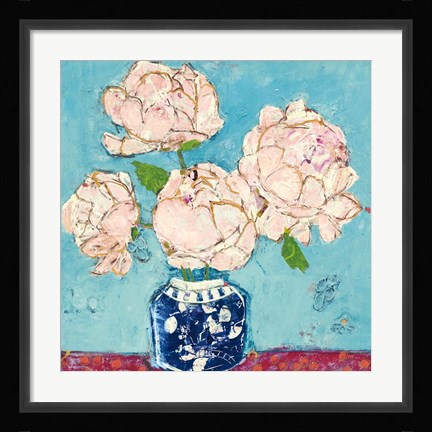 Framed Vase of Peonies Aqua Coral Print
