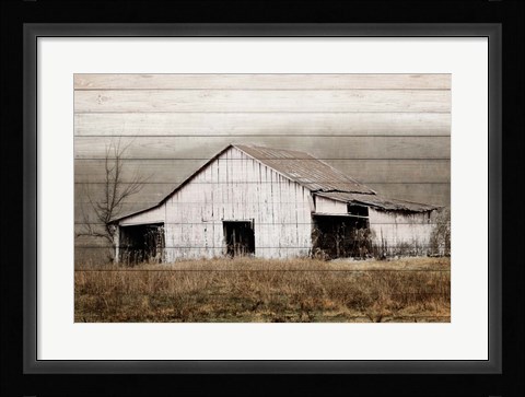 Framed White Barn on Wood Print