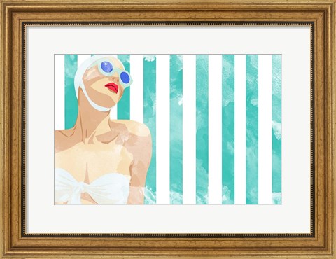 Framed Bathing Beauty on Teal Towel Print