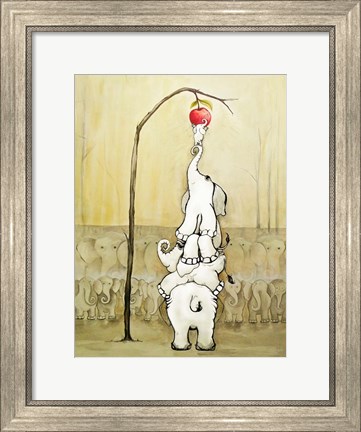 Framed Whimsical Elephants with Red Apple Print