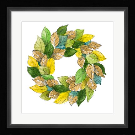 Framed Green Metallic Leaf Wreath Print