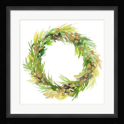 Framed Green Metallic Spruce Wreath Print
