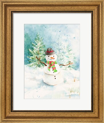 Framed Snowman in the Pines Print