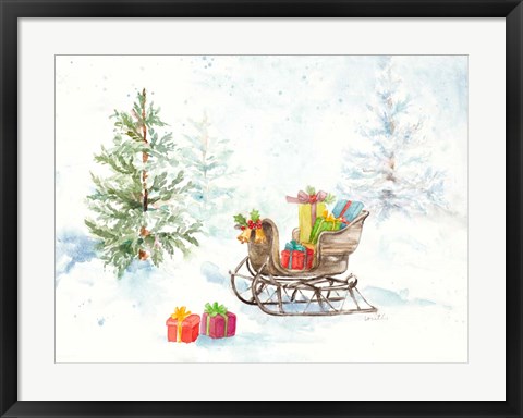 Framed Presents in Sleigh on Snowy Day Print