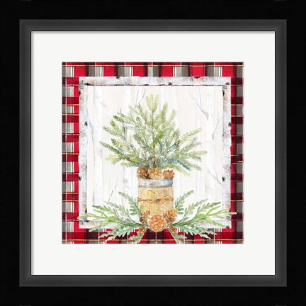 Framed Holiday Sprig on Plaid I Print