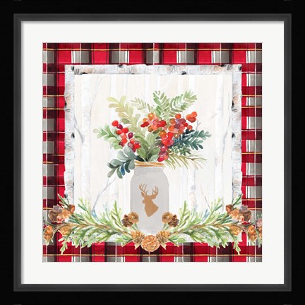 Framed Holiday Sprig on Plaid II Print