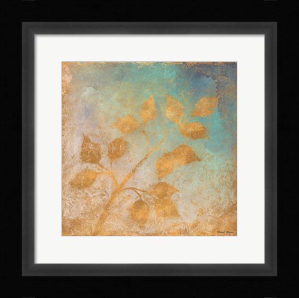 Framed Gold Leaves on Blues I Print