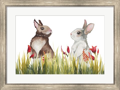 Framed Bunnies Among the Flowers I Print