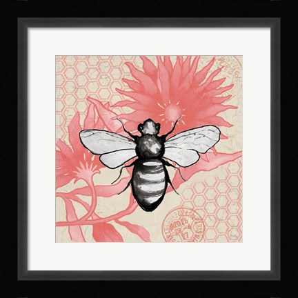 Framed Bee on Pink Flower Square Print