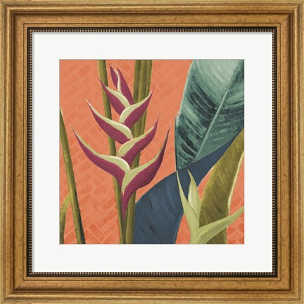 Framed Heliconias with Leaves on Orange Print