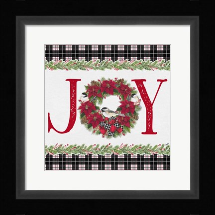Framed Chickadee Christmas Red I Joy Print