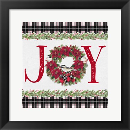 Framed Chickadee Christmas Red I Joy Print