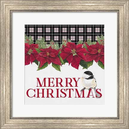 Framed Chickadee Christmas Red II Merry Christmas Print