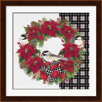 Framed Chickadee Christmas Red V Wreath Print
