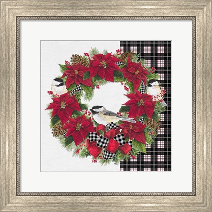 Framed Chickadee Christmas Red V Wreath Print