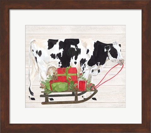 Framed Christmas on the Farm I Cow with Sled Print