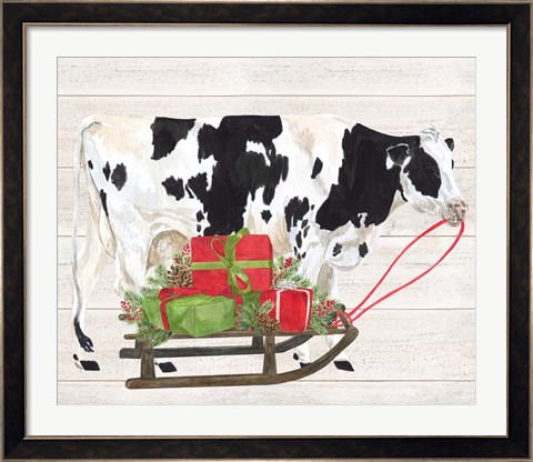 Framed Christmas on the Farm I Cow with Sled Print