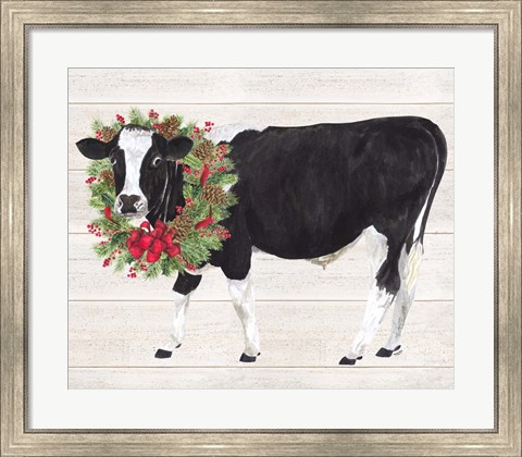 Framed Christmas on the Farm III Cow with Wreath Print