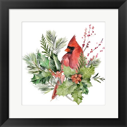 Framed Cardinal Holly Christmas I Print