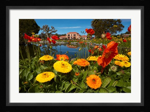 Framed Flowers And Blue Baths, Government Gardens, Rotorua, North Island, New Zealand Print