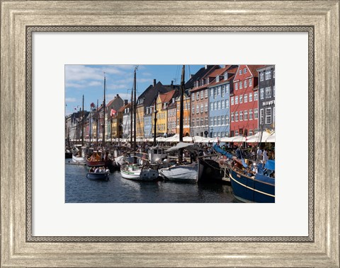 Framed Colorful Buildings, Boats And Canal, Denmark, Copenhagen Print