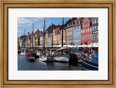 Framed Colorful Buildings, Boats And Canal, Denmark, Copenhagen Print
