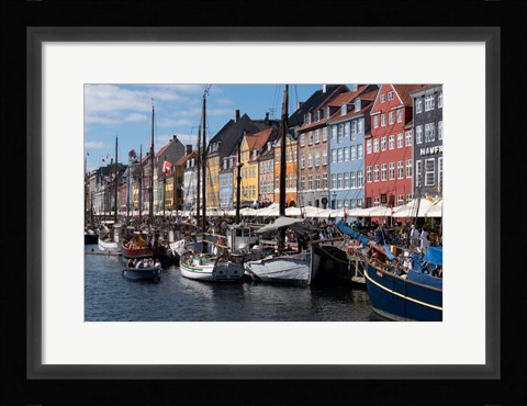 Framed Colorful Buildings, Boats And Canal, Denmark, Copenhagen Print
