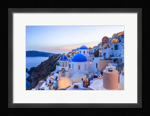 Framed Greece, Santorini, Oia Sunset On Coastal Town Print