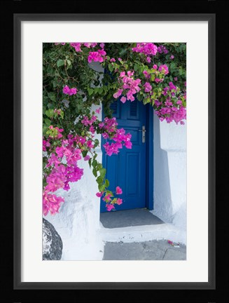 Framed Greece, Santorini A Picturesque Blue Door Is Surrounded By Pink Bougainvillea In Firostefani Print