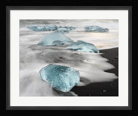Framed Icebergs On Black Volcanic Beach Near The Jokulsarlon Glacial Lagoon In The Vatnajokull National Park, Iceland Print