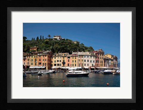 Framed Italy, Province Of Genoa, Portofino, Fishing Village On The Ligurian Sea, Pastel Buildings Overlooking Harbor Print