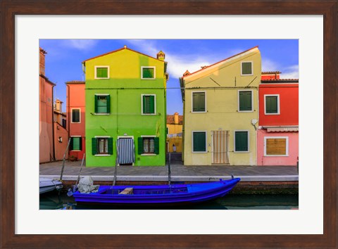 Framed Italy, Burano Colorful House Walls And Boat In Canal Print