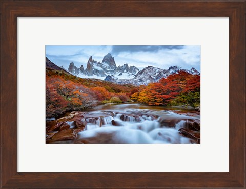 Framed Argentina, Los Glaciares National Park Mt Fitz Roy And Lenga Beech Trees In Fall Print