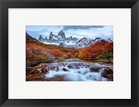 Framed Argentina, Los Glaciares National Park Mt Fitz Roy And Lenga Beech Trees In Fall Print