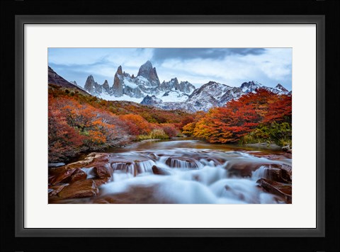 Framed Argentina, Los Glaciares National Park Mt Fitz Roy And Lenga Beech Trees In Fall Print