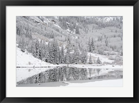 Framed Colorado, Maroon Bells State Park, Autumn Snowfall On Mountain And Maroon Lake Print