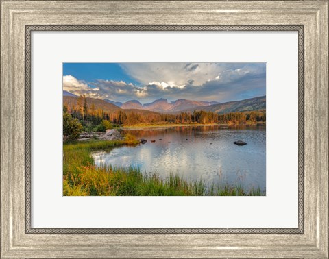 Framed Sunrise On Hallett Peak And Flattop Mountain Above Sprague Lake, Rocky Mountain National Park, Colorado Print