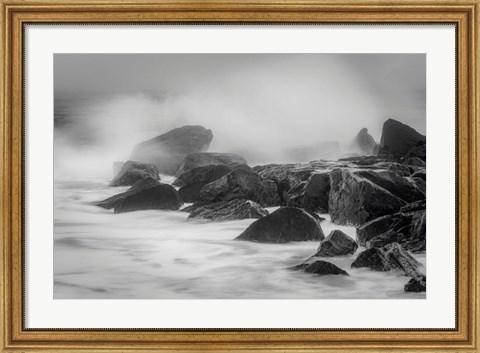 Framed New Jersey, Cape May, Black And White Of Beach Waves Hitting Rocks Print