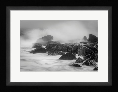 Framed New Jersey, Cape May, Black And White Of Beach Waves Hitting Rocks Print