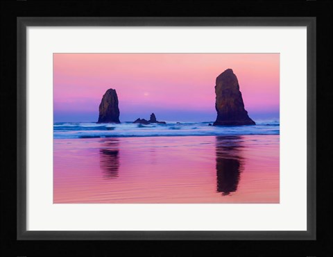 Framed Oregon, Bandon Sunrise On Beach Sea Stacks Print