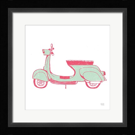 Framed Road Trip Vespa Pink Green Print