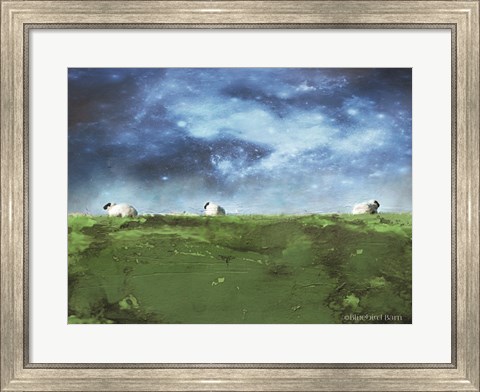 Framed Distant Hillside Sheep by Night Print